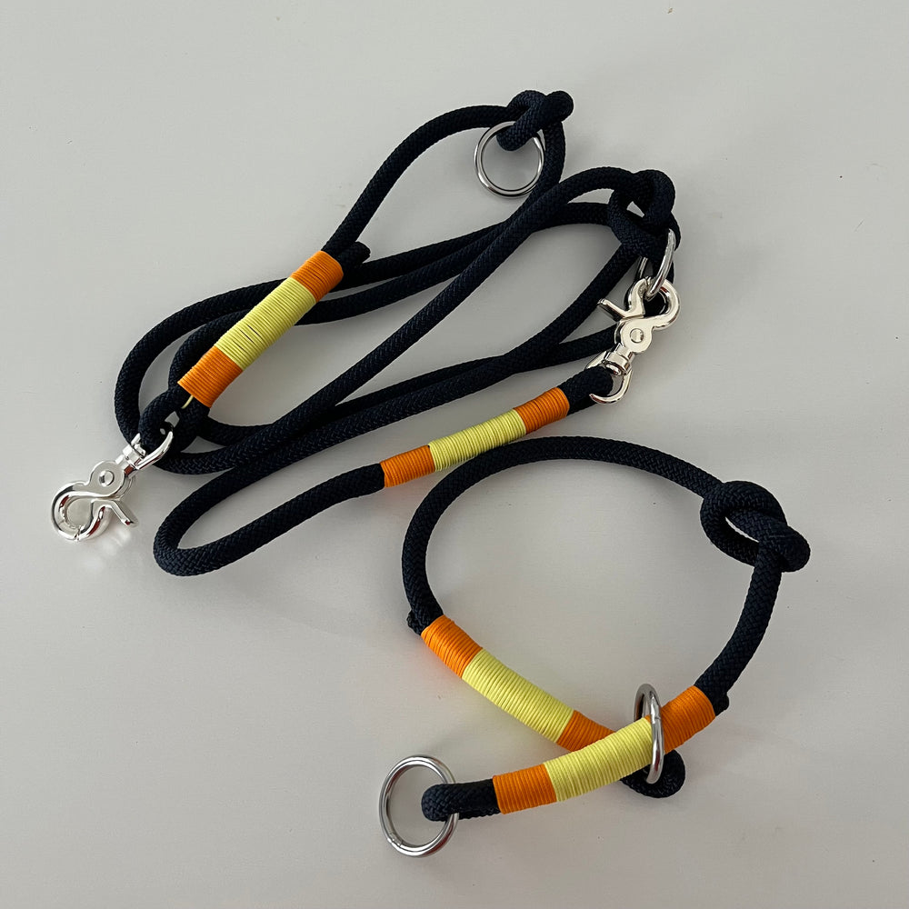 Wunderschönes Set Retriever Halsband und Leine, tiefseeblau, orange, gelb Gr.M Einzelstück