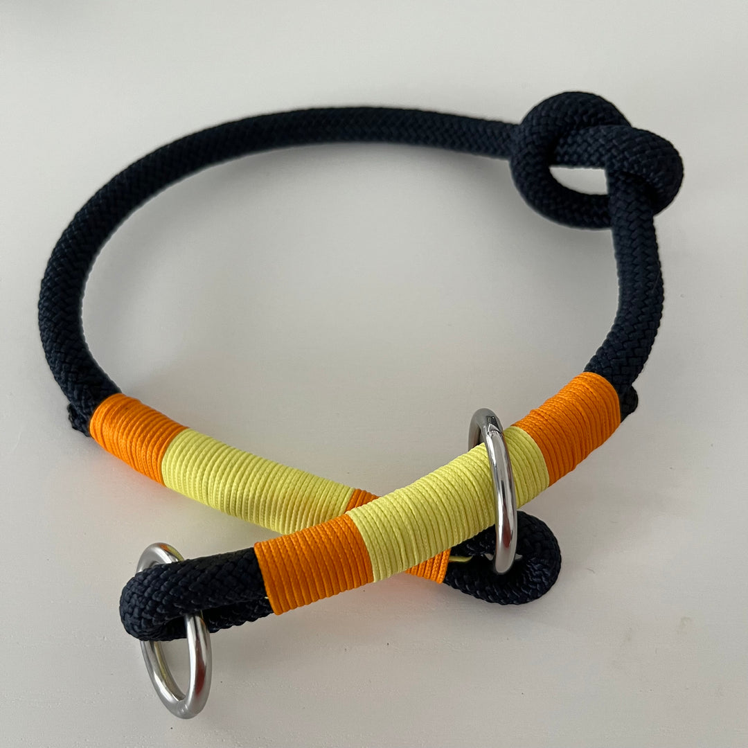 Wunderschönes Set Retriever Halsband und Leine, tiefseeblau, orange, gelb Gr.M Einzelstück