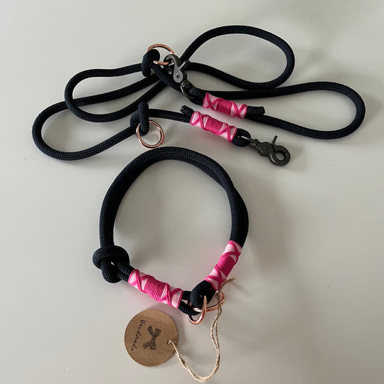 Wunderschönes Set Retriever Halsband und Leine, tiefseeblau, pink, rosa, Gr.M Einzelstück