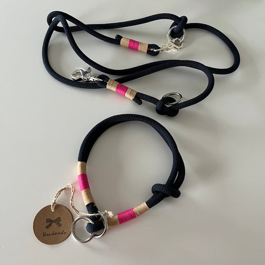 Wunderschönes Set Retriever Halsband und Leine, tiefseeblau, sand, pink Gr.M Einzelstück