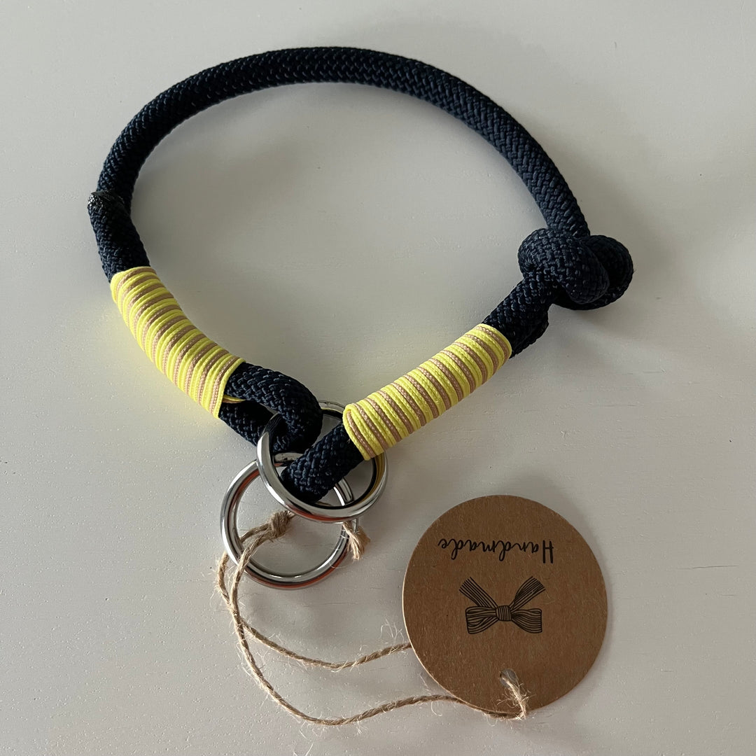 Wunderschönes Set Retriever Halsband und Leine, tiefseeblau, gelb, sand Gr.XXS Einzelstück