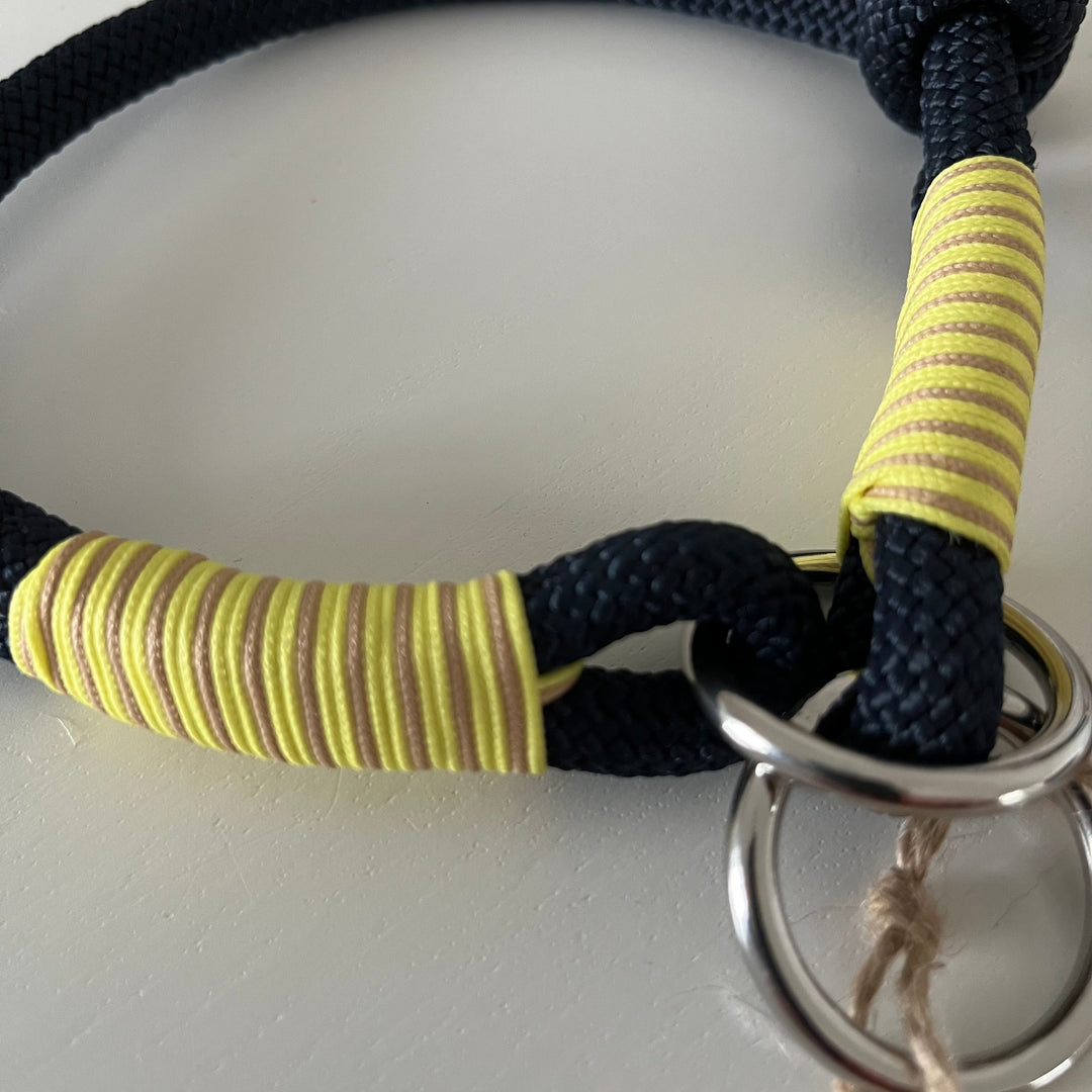 Wunderschönes Set Retriever Halsband und Leine, tiefseeblau, gelb, sand Gr.XXS Einzelstück