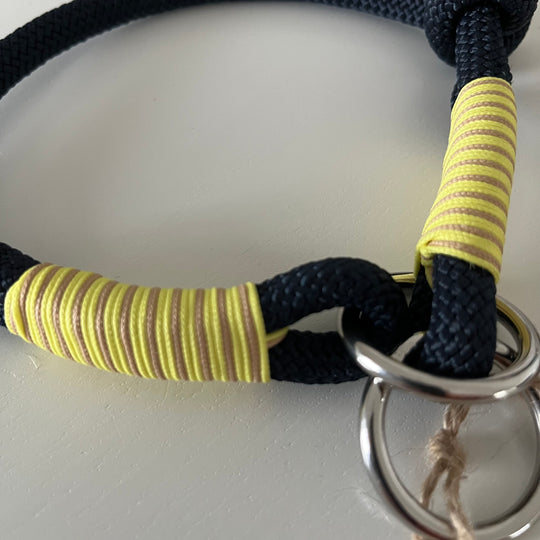 Wunderschönes Set Retriever Halsband und Leine, tiefseeblau, gelb, sand Gr.XXS Einzelstück