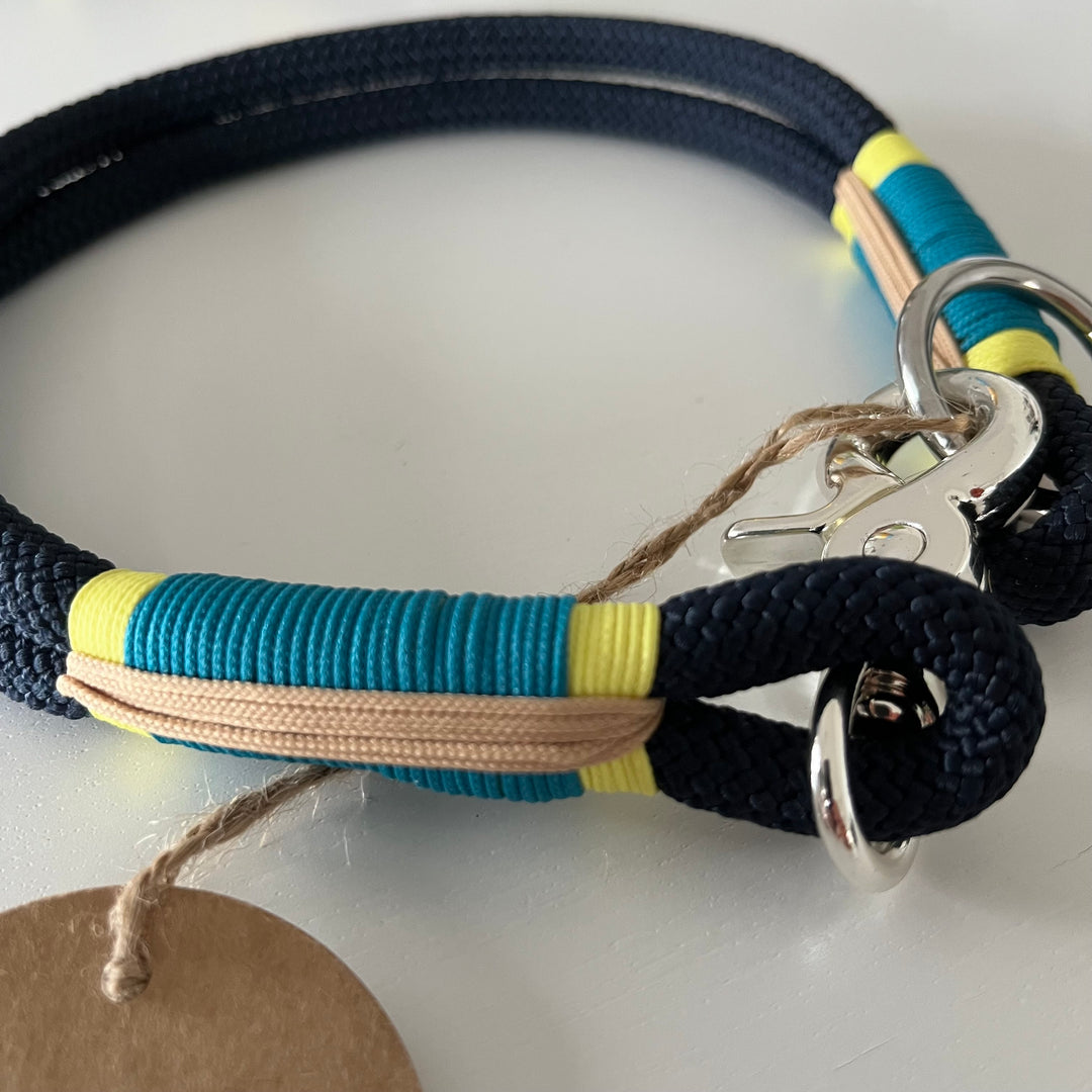 Wunderschönes Set Halsband und Leine, tiefseeblau, aqua, sand, gelb, Halsumfang 52 cm, Einzelstück