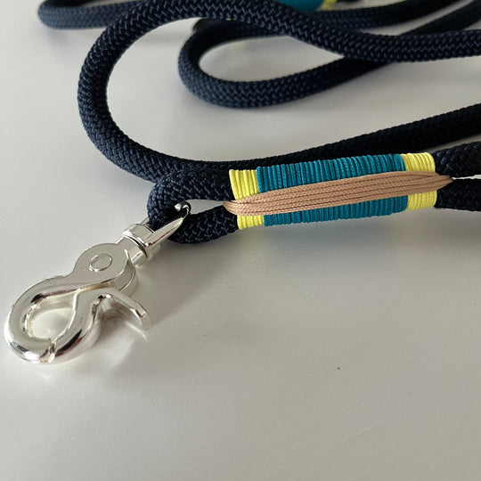 Wunderschönes Set Halsband und Leine, tiefseeblau, aqua, sand, gelb, Halsumfang 52 cm, Einzelstück