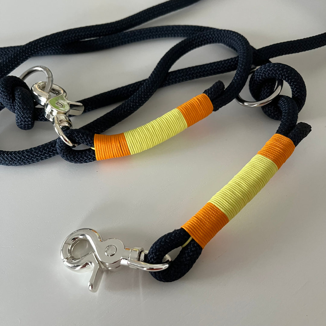 Wunderschönes Set Retriever Halsband und Leine, tiefseeblau, gelb, orange Gr.M Einzelstück