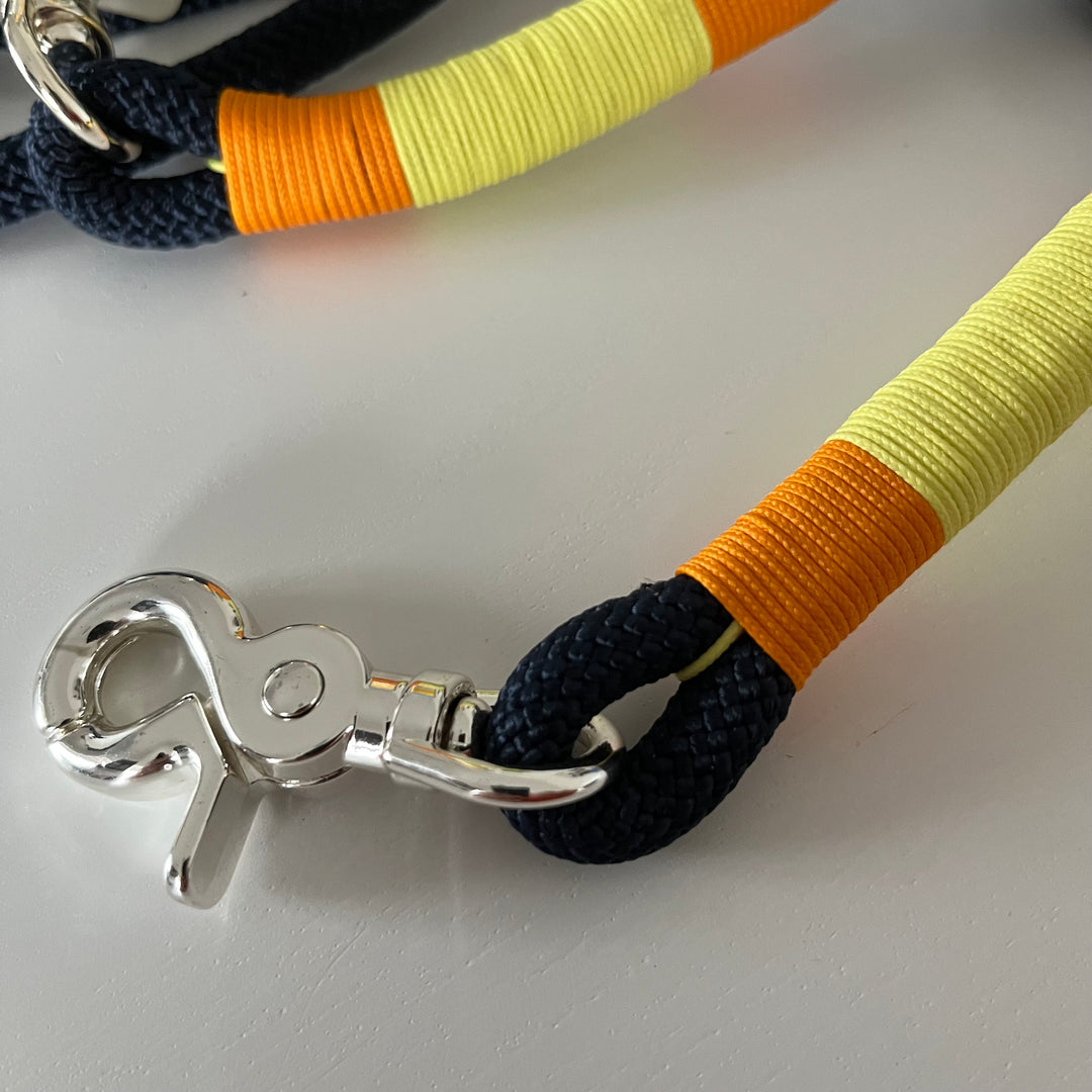 Wunderschönes Set Retriever Halsband und Leine, tiefseeblau, gelb, orange Gr.M Einzelstück